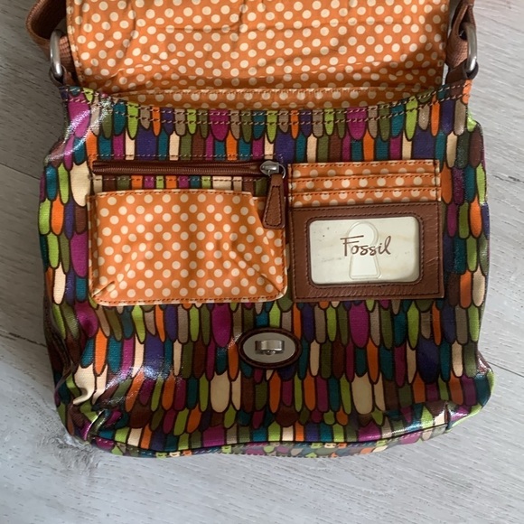 FOSSIL Flap Satchel Messenger Canvas Crossbody Purse‎ Bag colorful leather - Picture 12 of 15